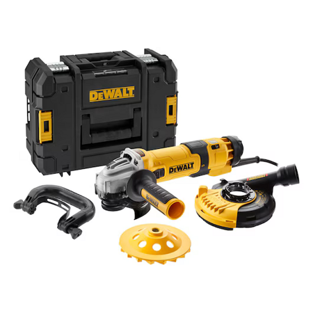 DeWalt Szlifierka kątowa zestaw do szlifowania betonu DWE4257-QS, 125 mm, 1500W, regulacja obrotów 2800-10000, włącznik suwakowy + osłona odsysająca DWE46150 do pracy z ściernicami garnkowymi + ściernica garnkowa diamentowa 125 mm , w walizce TSTAK